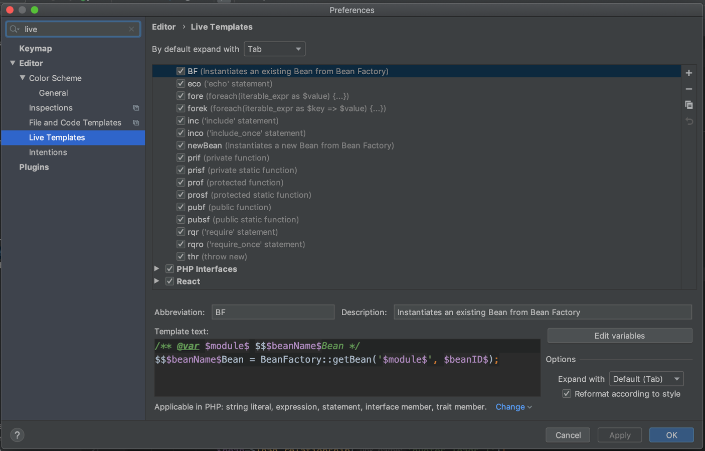 Live Template Setup 1