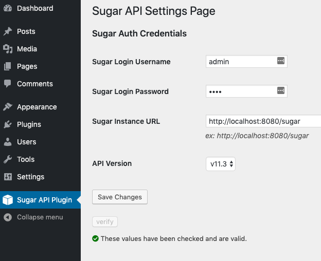 The Wordpress settings page for our custom plugin