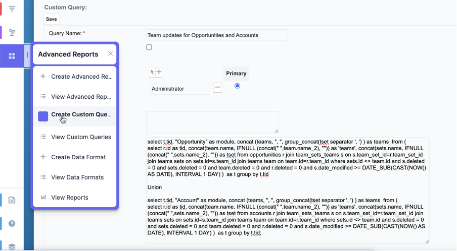 View from the Advanced Report Custom Query