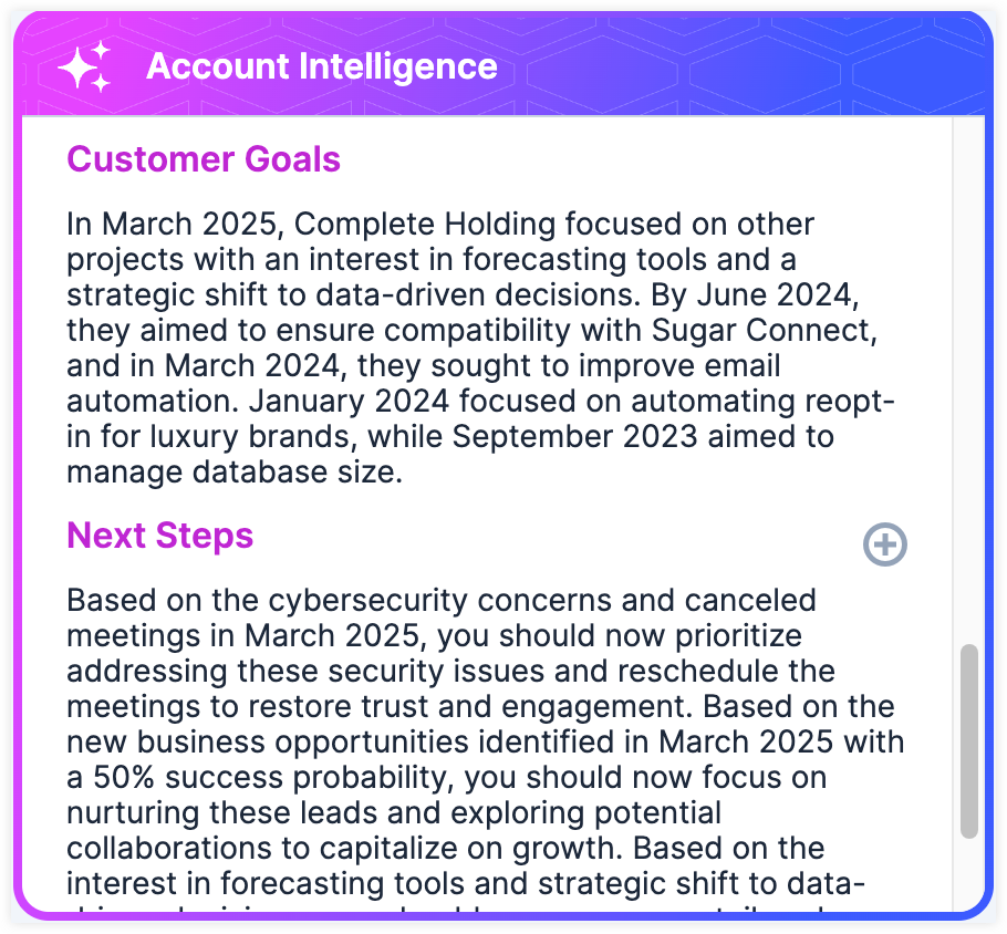 Screenshot of the Account Intelligence Dashlet
