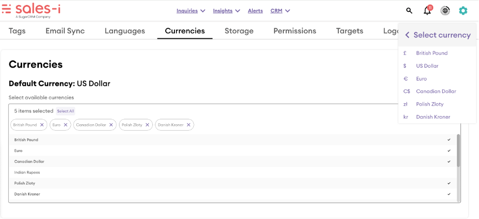 Currency Selection Screenshot