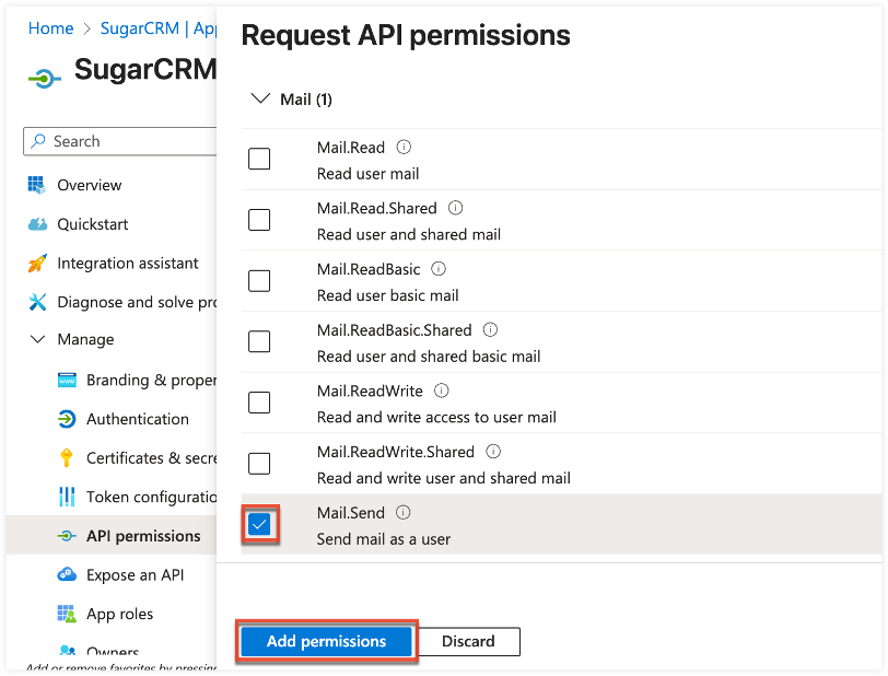 Requst API Permissions Screenshot