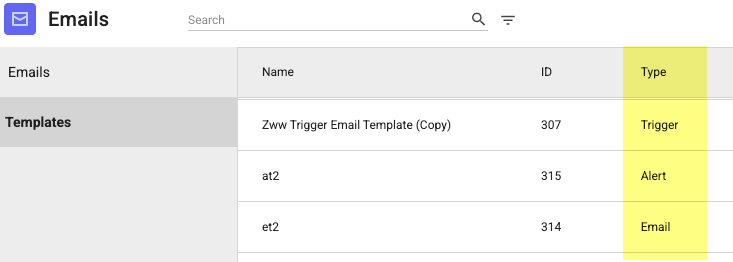 Screenshot showing all email templates in one place
