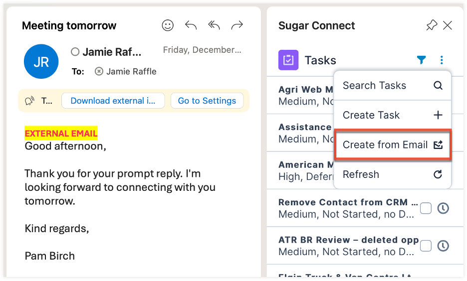Screenshot showing Sugar Connect and creating a record from email