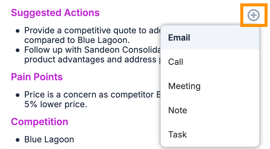 screenshot showing the next steps section and creating activities