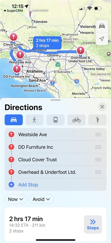 Map with multiple stops in mobile view