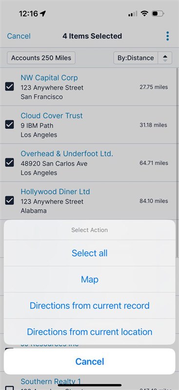 Mobile app showing selection of multiple stops
