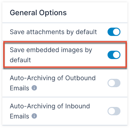 Screenshot showing the General Options and that embedded images can be saved by default