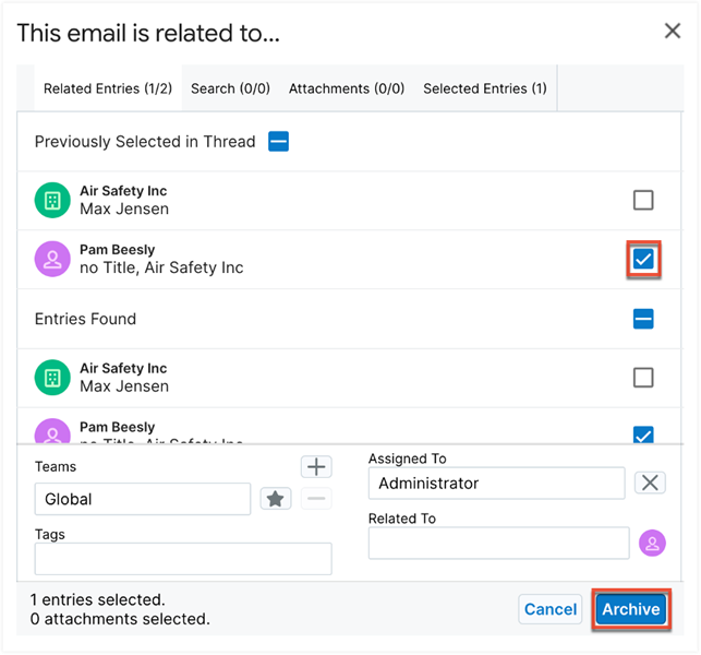 Screenshot showing the Archive to Email window