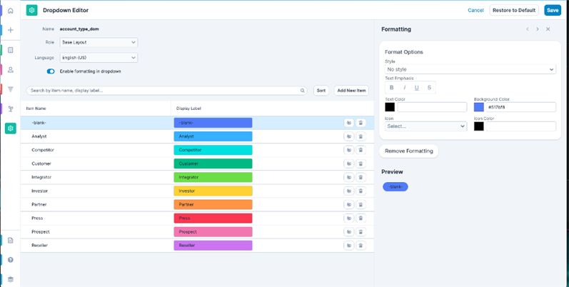 Admin view of configuring dropdown fields